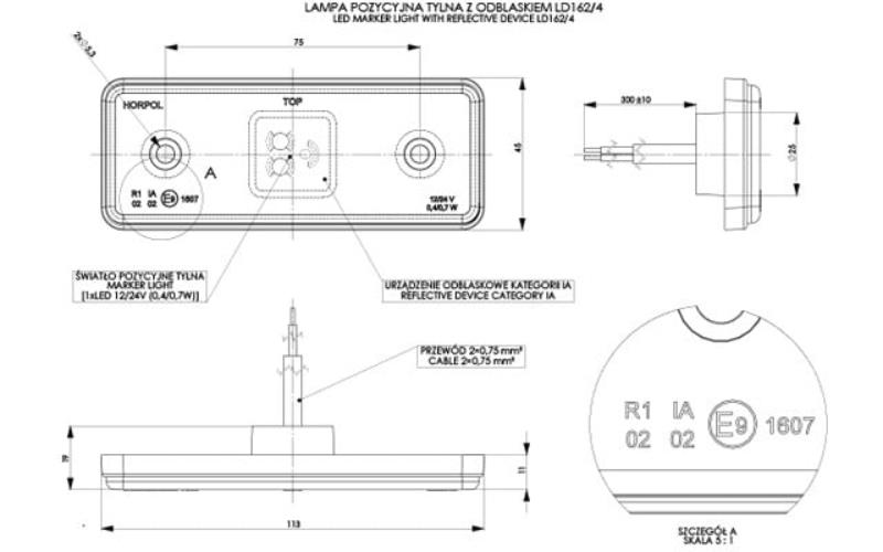 Marker Light With Reflective Device, Rectangular With A rubber Pad And A rubber Border (LED) Red 12 / 24V Universal
