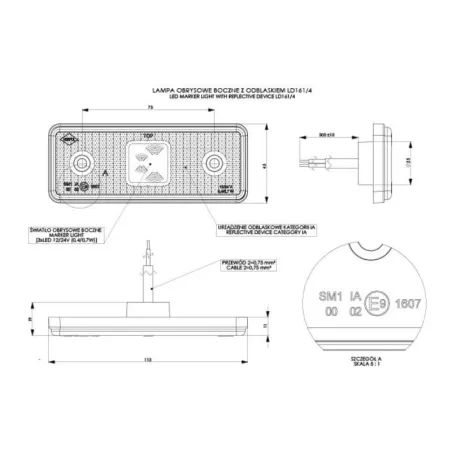Lampa Obrysowa Prostokątna z Odblaskiem z Podkładką Gumową I Rantem (LED) Pomarańczowa 12 / 24V Uniwersalna