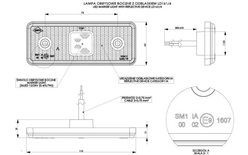 Lampa Obrysowa Prostokątna z Odblaskiem z Podkładką Gumową I Rantem (LED) Pomarańczowa 12 / 24V Uniwersalna