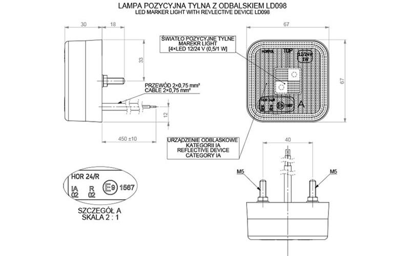 Lampa Obrysowa Kwadratowa z Odblaskiem (LED) Czerwona 12 / 24V Uniwersalna