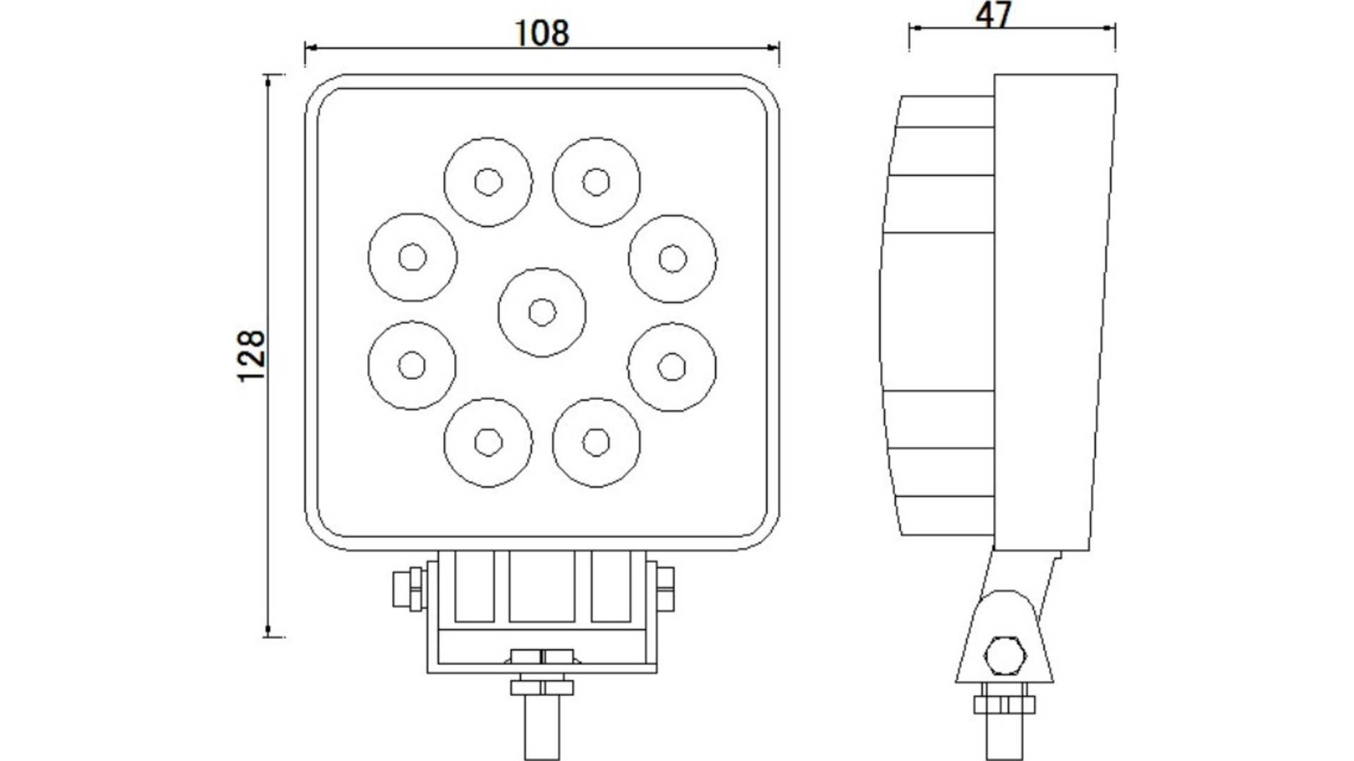 Square Work Lamp 9 X LED With 4m Cable