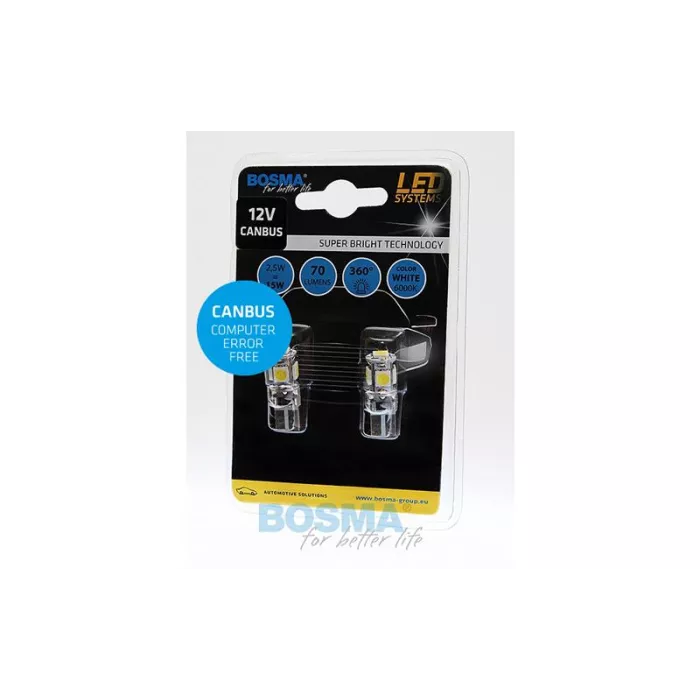 Bosma Glühlampe 12V 5xLED SMD5050 T10 6000k Doppelte Polarität CANBUS Weiss (2 Stück)