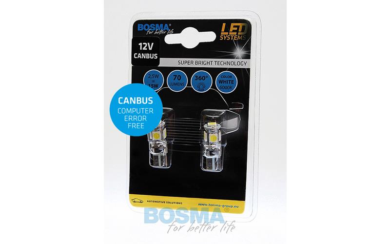 Bosma Ampoule 12V 5xLED SMD5050 T10 6000k Double Polarité CANBUS Blanche (2 Pièces)