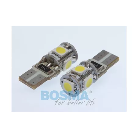 Bosma Ampoule 12V 5xLED SMD5050 T10 6000k Double Polarité CANBUS Blanche (2 Pièces)